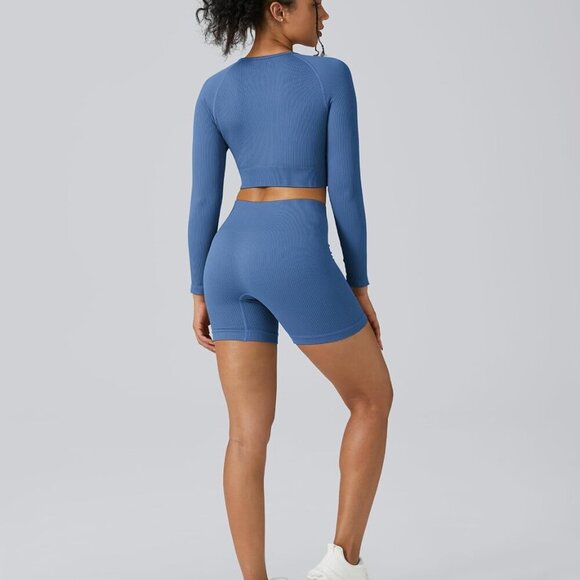 Women Workout Sets Pieces Long Sleeve Yoga Outfits Gym Clothes Seamless Ribbed C - Picture 3 of 6